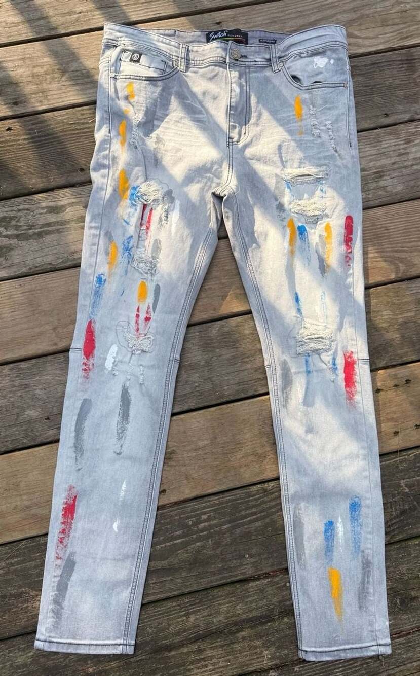 Switch Remarkable Painted Slim Taper Fit Jeans Men 34x32 Gray Distressed Denim